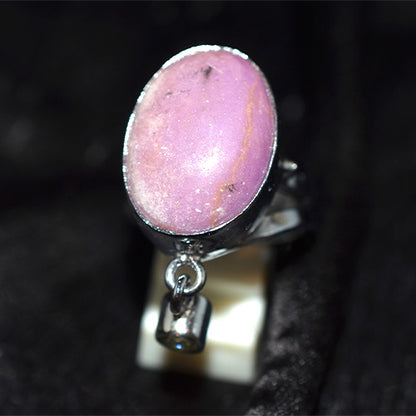 925 Sterling Silver Oval Pink Rhodonite Ring with Dangle Charm