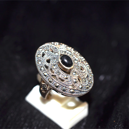 925 Sterling Silver Turkish Black Onyx Filigree Disc Ring