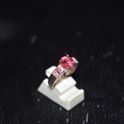 925 Sterling Silver Pink Solitaire Baguette Accent Ring