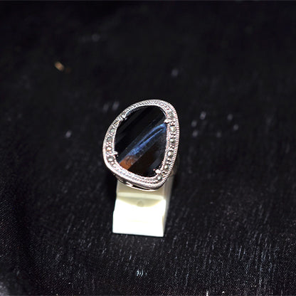 925 Sterling Silver Turkish Trillion-Cut Black Onyx with Marcasite Halo Ring