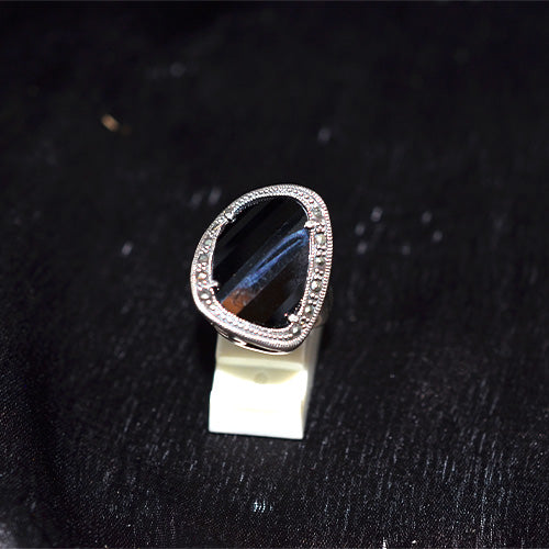 925 Sterling Silver Turkish Trillion-Cut Black Onyx with Marcasite Halo Ring