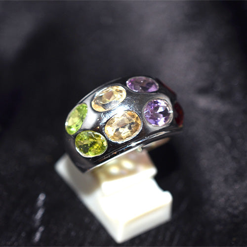 925 Sterling Silver Multi Gemstone Oval Stone Dome Ring