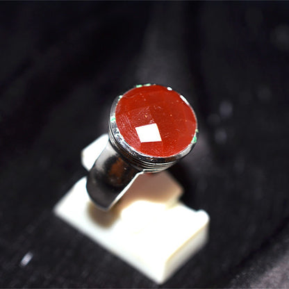 925 Sterling Silver Round Faceted Carnelian Ring with Ribbed Band