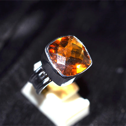 925 Sterling Silver Cushion Cut Citrine Ring