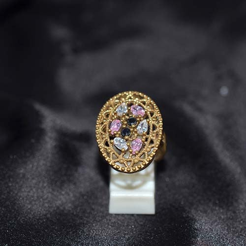 6 Carat Gold Plated Multicolored Gemstone Filigree Oval Ring