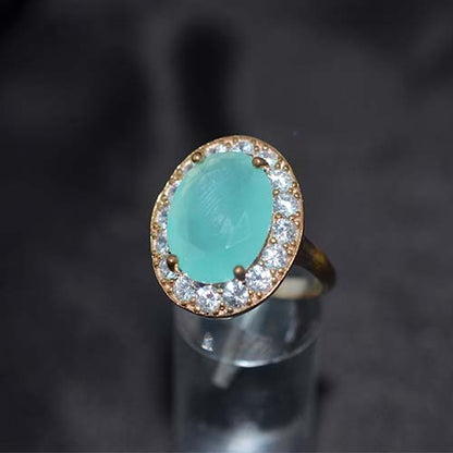 6 Carat Gold Plated Aqua Blue Oval Halo Ring