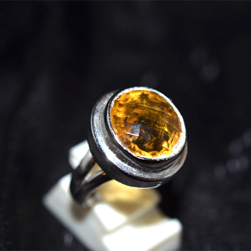925 Sterling Silver Round Citrine Double Bezel Split Shank Ring
