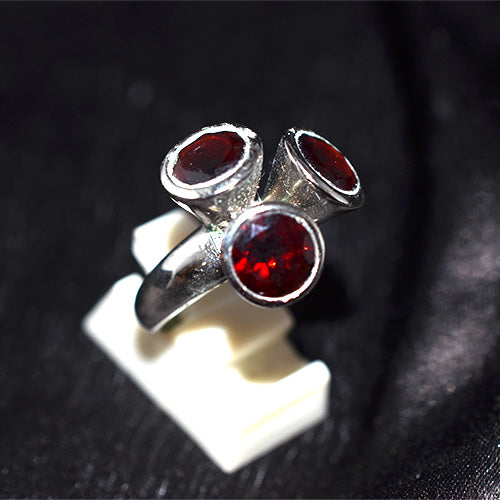925 Sterling Silver Garnet Asymmetrical Three Stone Ring