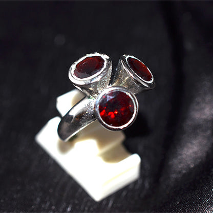 925 Sterling Silver Garnet Asymmetrical Three Stone Ring