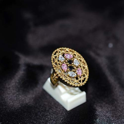 6 Carat Gold Plated Multicolored Gemstone Filigree Oval Ring