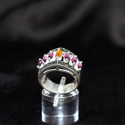925 Sterling Silver Turkish Multigem Crown Motif Ring