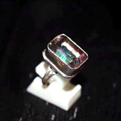925 Sterling Silver Emerald-Cut Mystic Topaz Wide Bezel Ring