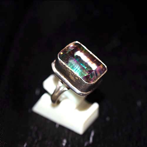 925 Sterling Silver Emerald-Cut Mystic Topaz Wide Bezel Ring