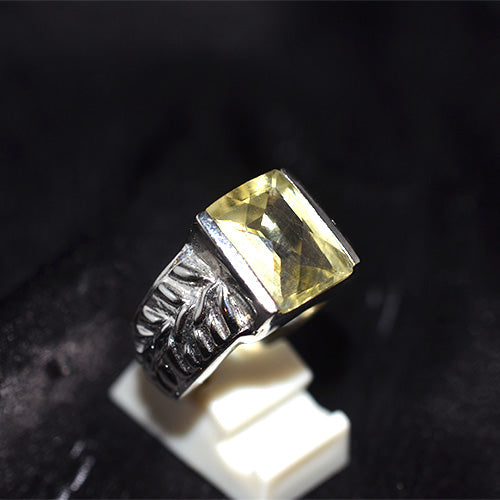 925 Sterling Silver Emerald Cut Lemon Quartz Leaf Motif Ring
