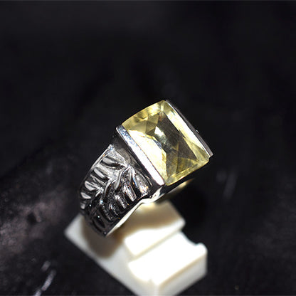 925 Sterling Silver Emerald Cut Lemon Quartz Leaf Motif Ring