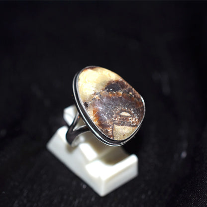 925 Sterling Silver Oval Bicolor Fossil Agate Ring