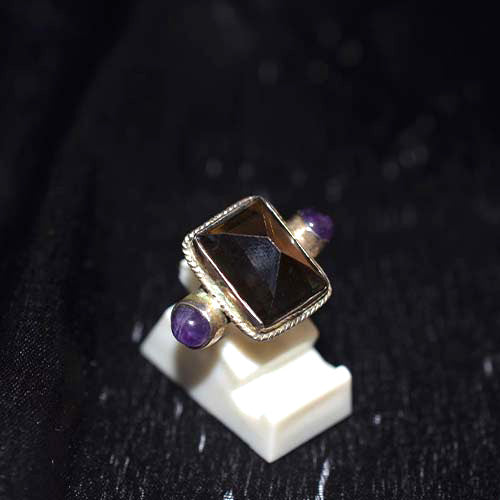 925 Sterling Silver Smoky Quartz and Amethyst Three-Stone Ring