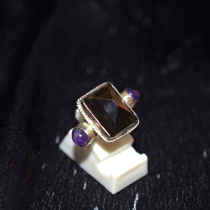 925 Sterling Silver Smoky Quartz and Amethyst Three-Stone Ring