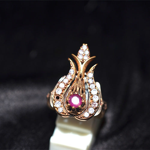6 Carat Gold Plated Turkish Ruby CZ Floral Motif Ring