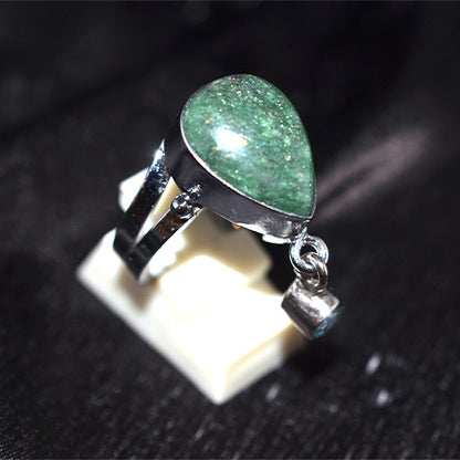 925 Sterling Silver Pear-Shaped Green Aventurine Ring with Dangle Charm