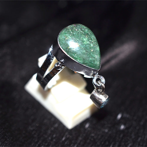 925 Sterling Silver Pear-Shaped Green Aventurine Ring with Dangle Charm
