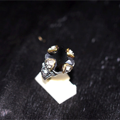 925 Sterling Silver Turkish Black Onyx Ornate Ring with Gold-Tone Accents