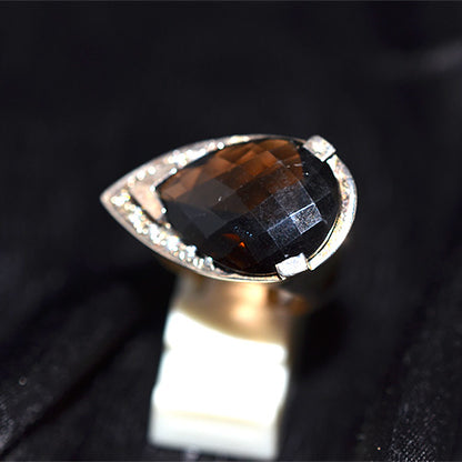 925 Sterling Silver Teardrop Smoky Quartz Pave Accent Ring