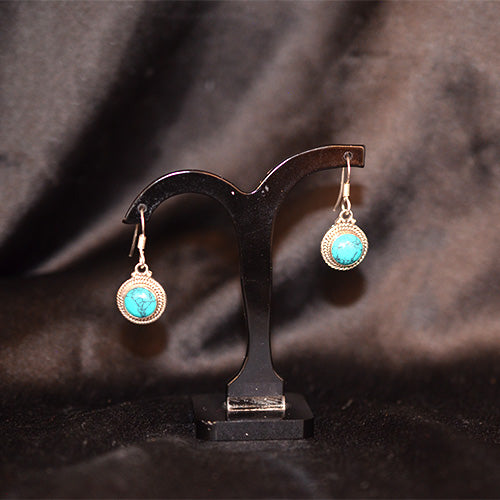 925 Sterling Silver Turkish Round Turquoise Beaded Bezel Drop Earrings