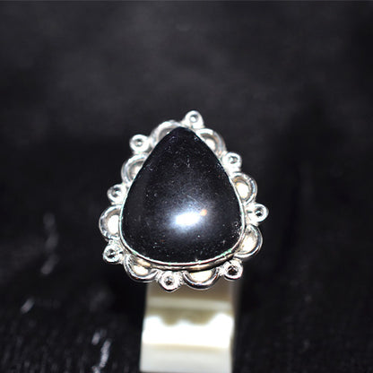 925 Sterling Silver Pear Shaped Black Onyx Ring with Ornate Setting
