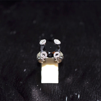 925 Sterling Silver Turkish Faceted Black Onyx with Marcasite Loop Prong Ring