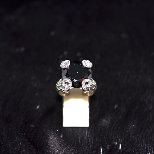 925 Sterling Silver Turkish Faceted Black Onyx with Marcasite Loop Prong Ring