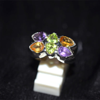 925 Sterling Silver Multi Gemstone Pear and Heart Shape Cluster Ring