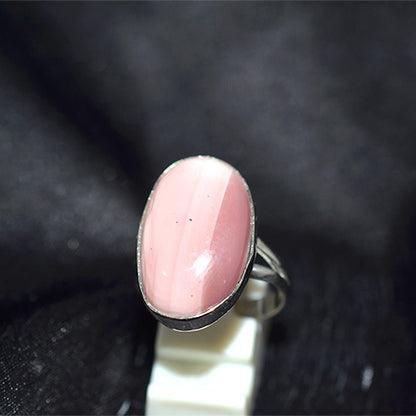 925 Sterling Silver Oval Banded Pink Opal Ring