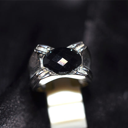 925 Sterling Silver Cushion Cut Black Onyx Grooved Band Ring