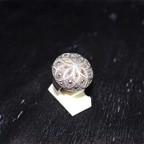 925 Sterling Silver Turkish Marcasite Floral Dome Ring