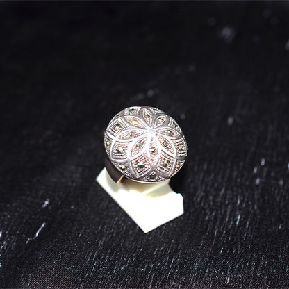 925 Sterling Silver Turkish Marcasite Floral Dome Ring