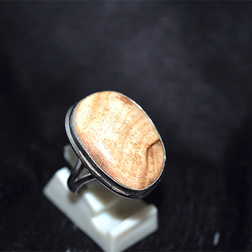 925 Sterling Silver Oval Picture Jasper Ring with Split Shank