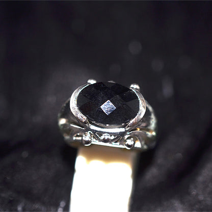 925 Sterling Silver Oval Faceted Black Onyx Ring with Ornate Setting