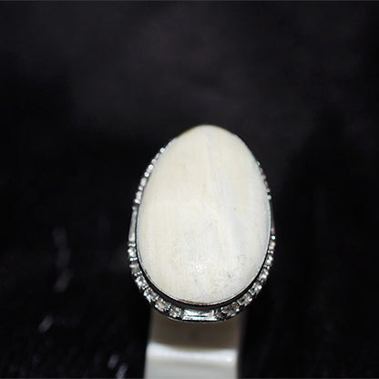 925 Sterling Silver Oval Fossil Coral Ring with Serrated Bezel