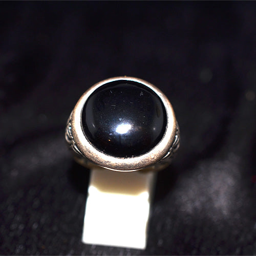 925 Sterling Silver Turkish Black Onyx Round Engraved Ring