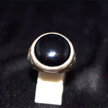 925 Sterling Silver Turkish Black Onyx Round Engraved Ring
