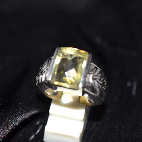 925 Sterling Silver Emerald Cut Lemon Quartz Leaf Motif Ring