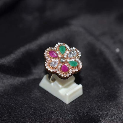 6 Carat Gold Plated Multicolor Gemstone Floral Ring