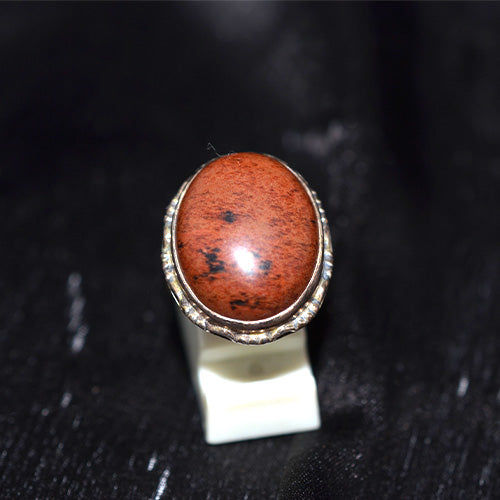 925 Sterling Silver Mahogany Obsidian Oval Beaded Ring