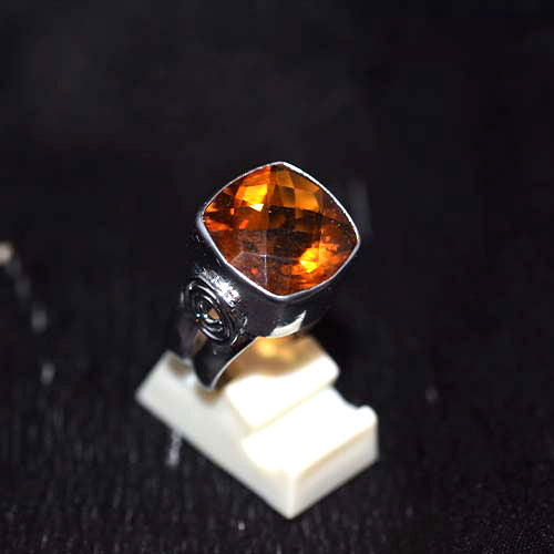 925 Sterling Silver Cushion Cut Citrine Spiral Motif Ring