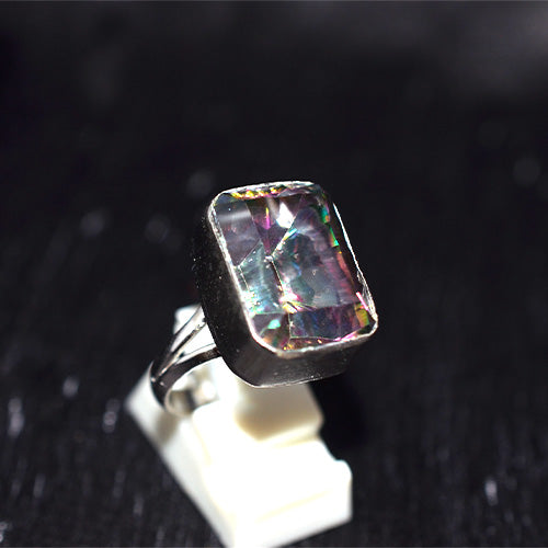 925 Sterling Silver Emerald Cut Mystic Topaz Triple Shank Ring