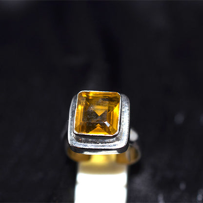 925 Sterling Silver Square Cut Citrine Stepped Bezel Ring