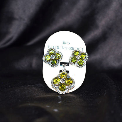 925 Sterling Silver Peridot Crystal Four Leaf Clover Pendant and Earring Set
