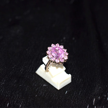 6 Carat Gold Plated Pink Gemstone Flower Halo Ring