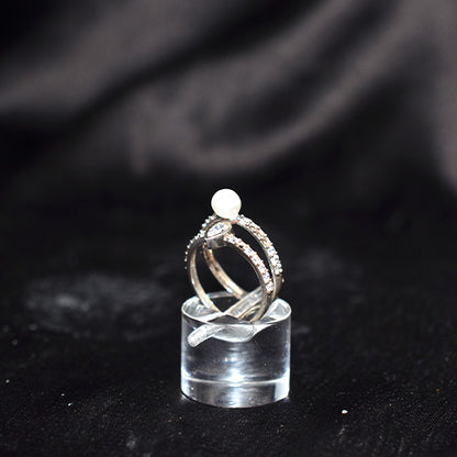 925 Sterling Silver Pearl and Cubic Zirconia Open Band Ring